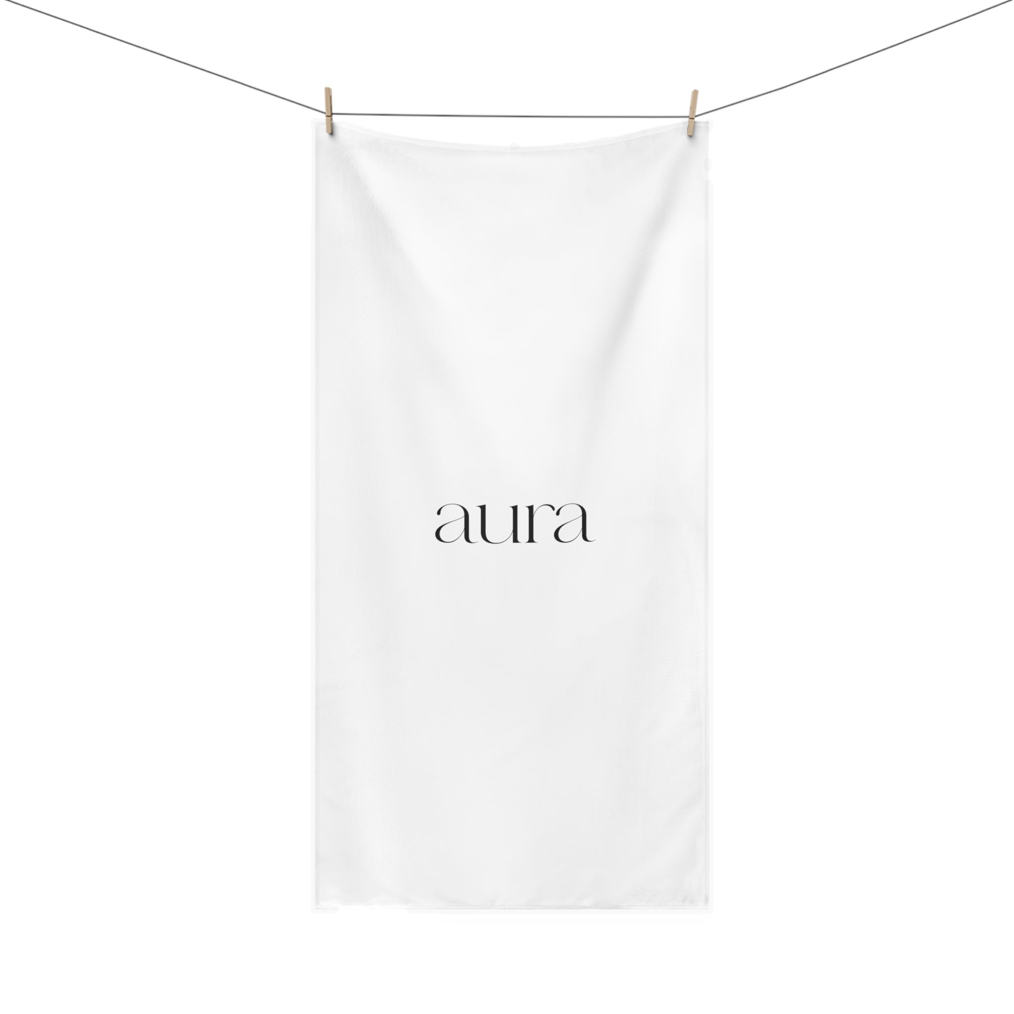 Aura Minimalist Cotton Towel — Soft White Spa & Beach Towel with Elegant Script Logo