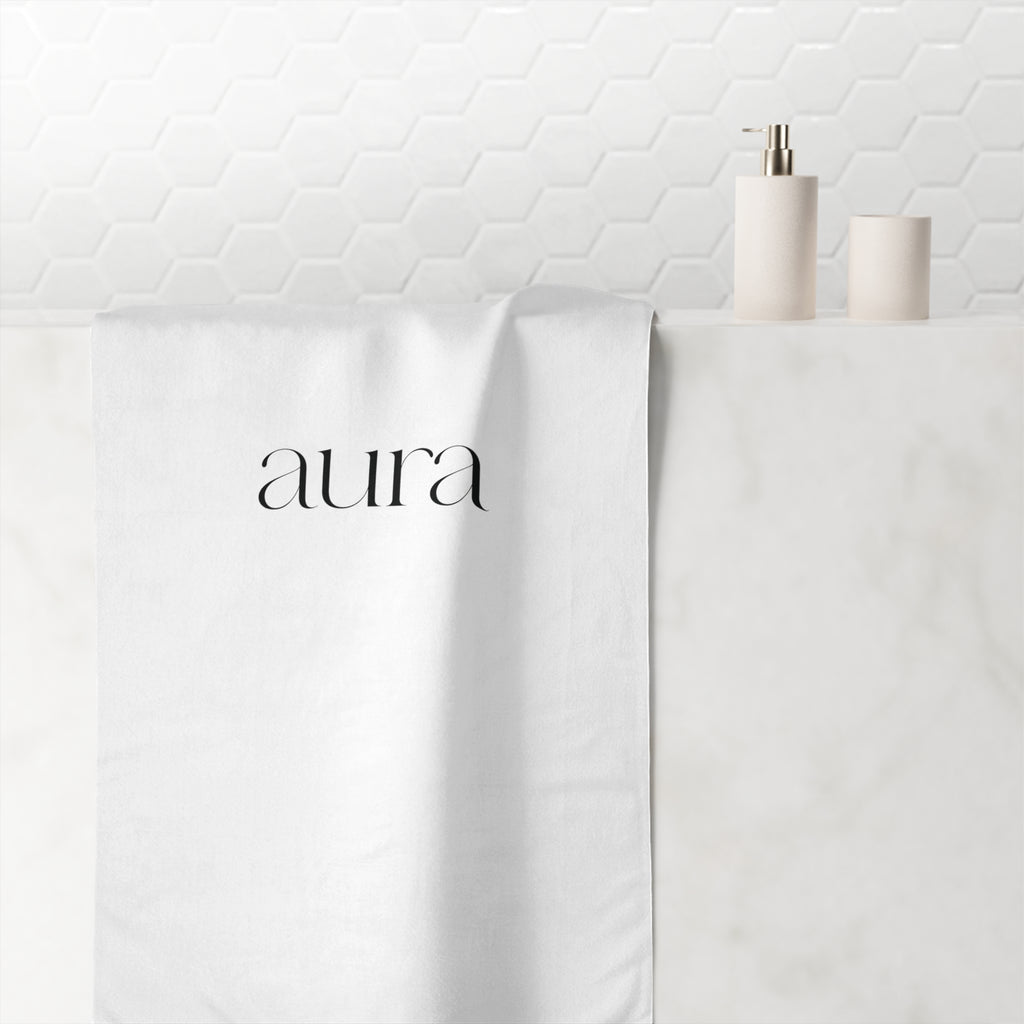 Aura Minimalist Cotton Towel — Soft White Spa & Beach Towel with Elegant Script Logo
