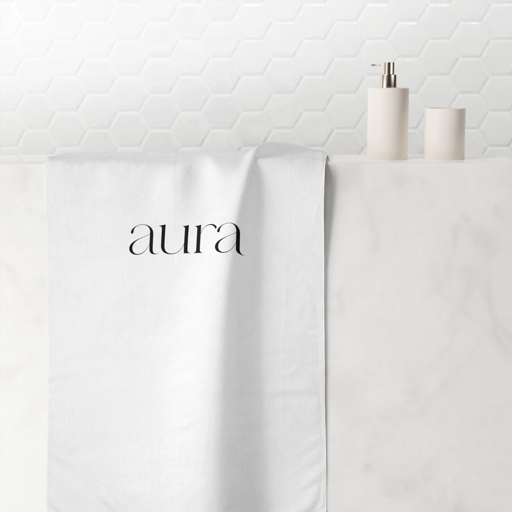 Aura Minimalist Cotton Towel — Soft White Spa & Beach Towel with Elegant Script Logo